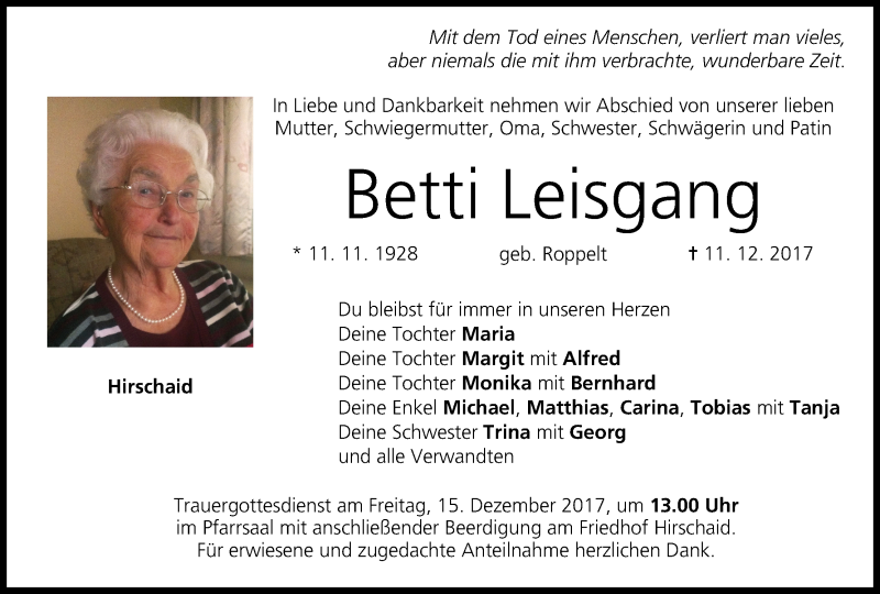  Traueranzeige für Betti Leisgang vom 13.12.2017 aus MGO