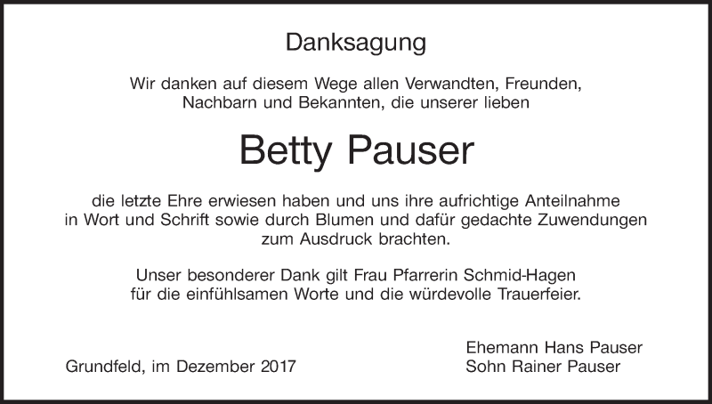  Traueranzeige für Betty Pauser vom 23.12.2017 aus MGO