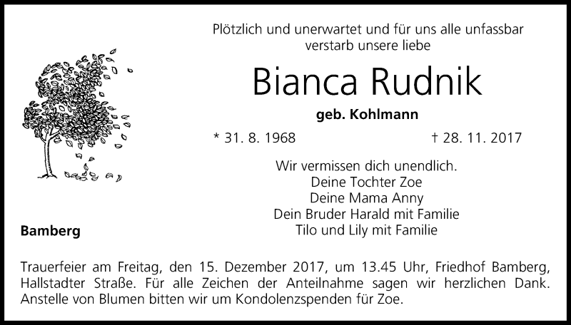  Traueranzeige für Bianca Rudnik vom 09.12.2017 aus MGO