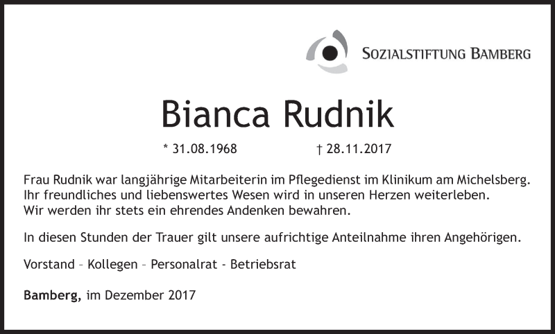  Traueranzeige für Bianca Rudnik vom 12.12.2017 aus MGO