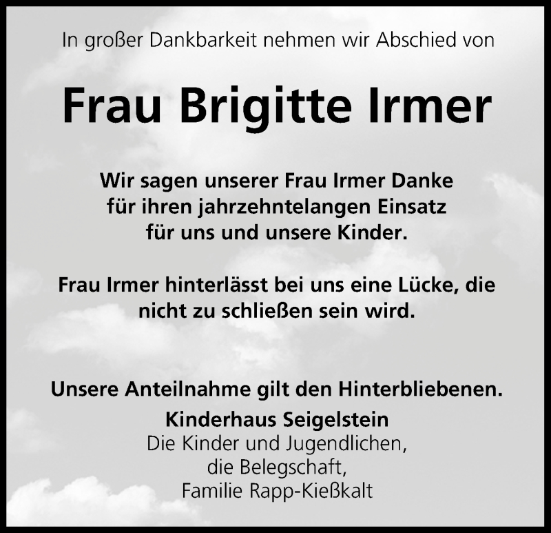  Traueranzeige für Brigitte Irmer vom 06.12.2017 aus MGO