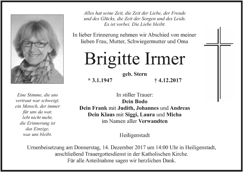 Traueranzeige für Brigitte Irmer vom 07.12.2017 aus MGO