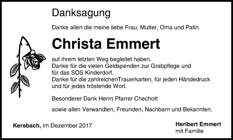  Traueranzeige für Christa Emmert vom 30.12.2017 aus MGO