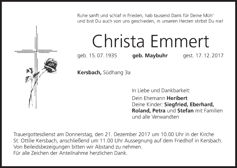 Traueranzeige für Christa Emmert vom 19.12.2017 aus MGO