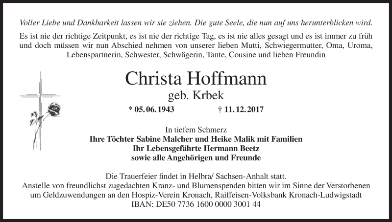  Traueranzeige für Christa Hoffmann vom 15.12.2017 aus MGO
