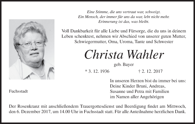  Traueranzeige für Christa Wahler vom 05.12.2017 aus MGO
