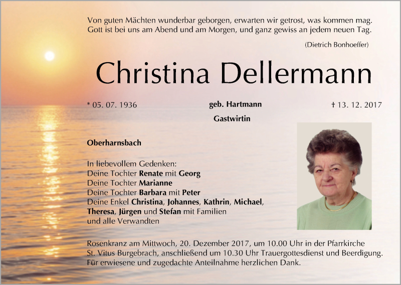  Traueranzeige für Christina Dellermann vom 18.12.2017 aus MGO