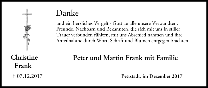  Traueranzeige für Christine Frank vom 30.12.2017 aus MGO