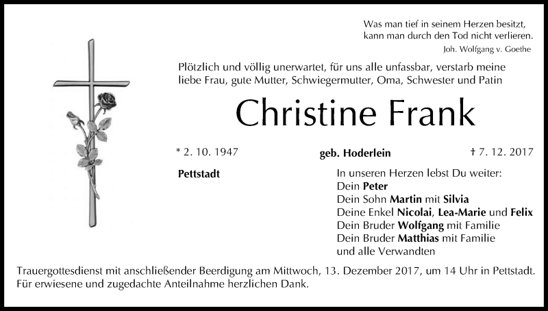  Traueranzeige für Christine Frank vom 09.12.2017 aus MGO
