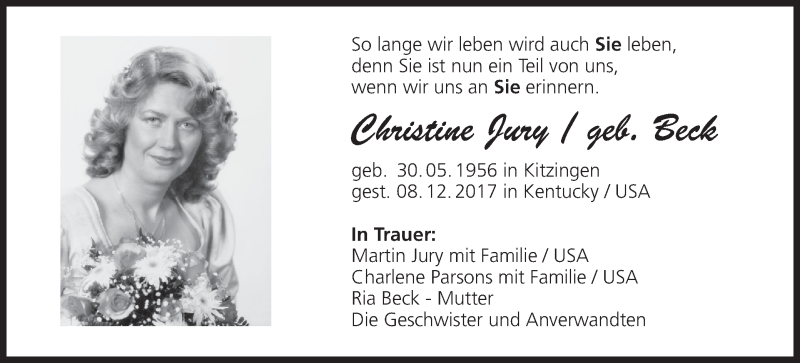  Traueranzeige für Christine Jury vom 16.12.2017 aus MGO