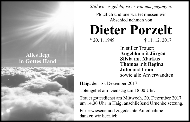  Traueranzeige für Dieter Porzelt vom 16.12.2017 aus MGO