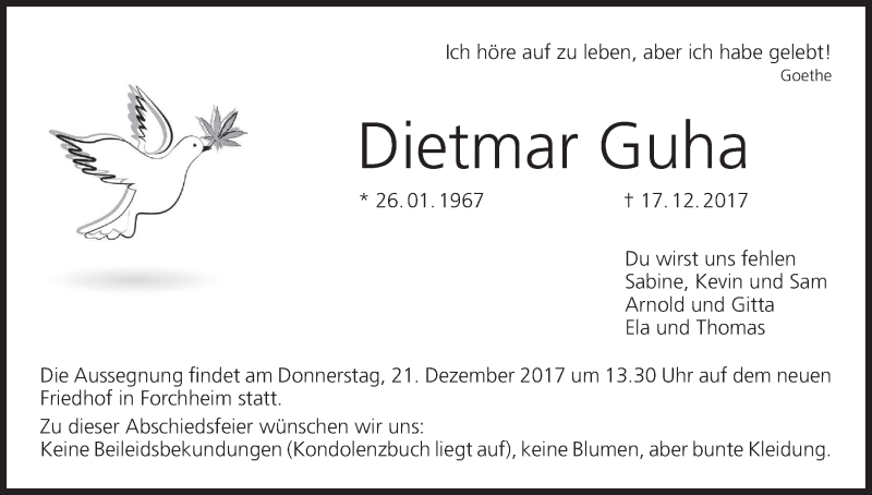  Traueranzeige für Dietmar Guha vom 20.12.2017 aus MGO