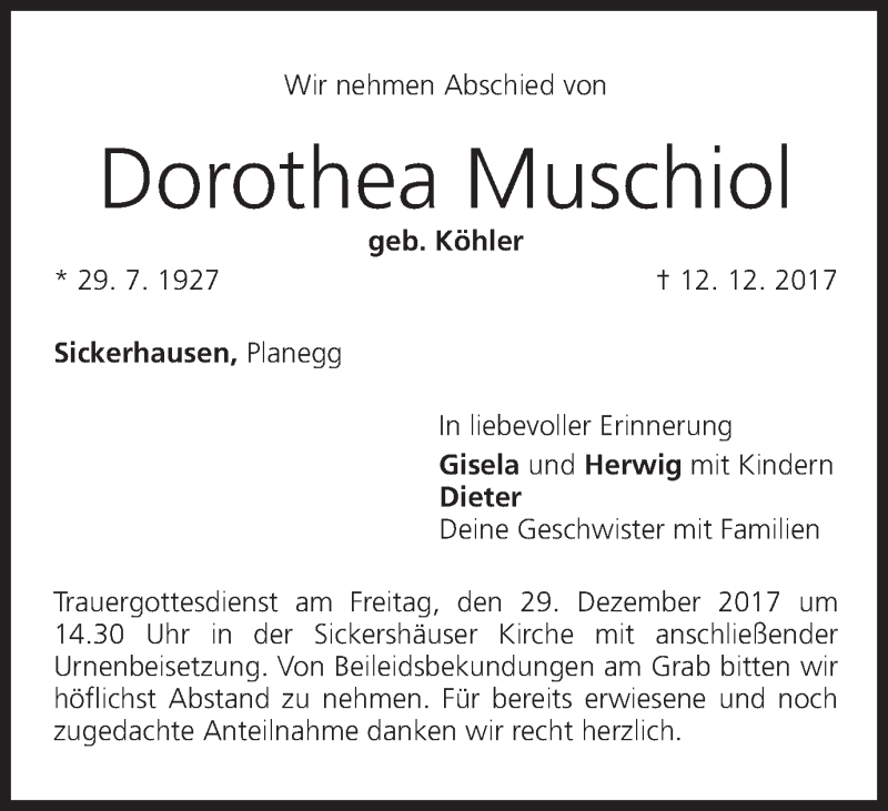  Traueranzeige für Dorothea Muschiol vom 23.12.2017 aus MGO