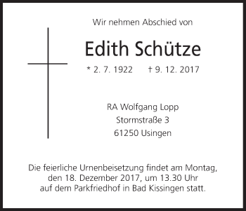 Anzeige von Edith Schütze von MGO