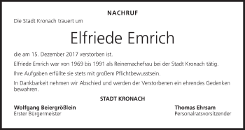 Anzeige von Elfriede Emrich von MGO