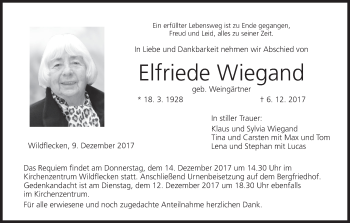 Anzeige von Elfriede Wiegand von MGO