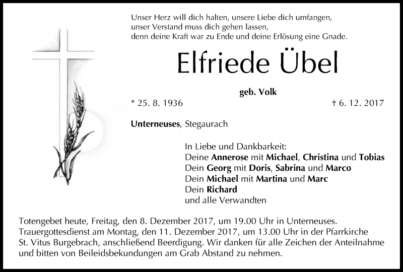  Traueranzeige für Elfriede Übel vom 08.12.2017 aus MGO