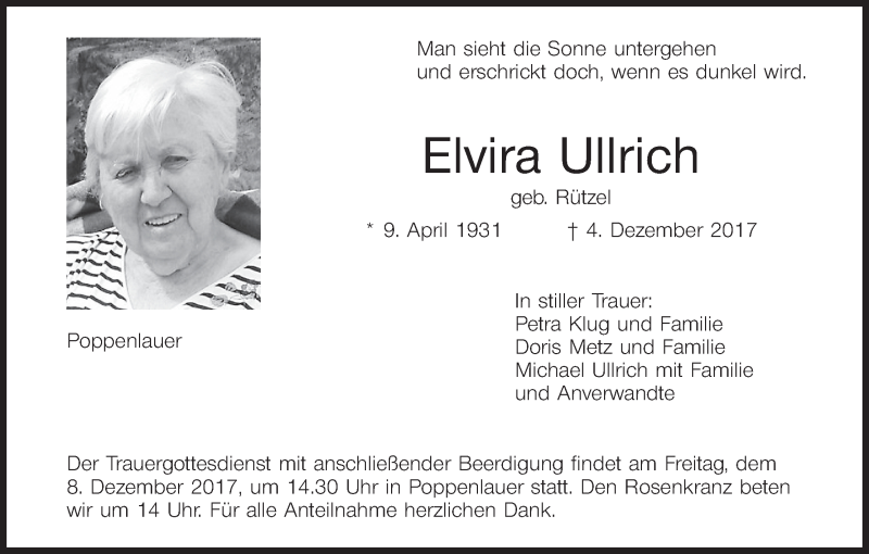  Traueranzeige für Elvira Ullrich vom 07.12.2017 aus MGO
