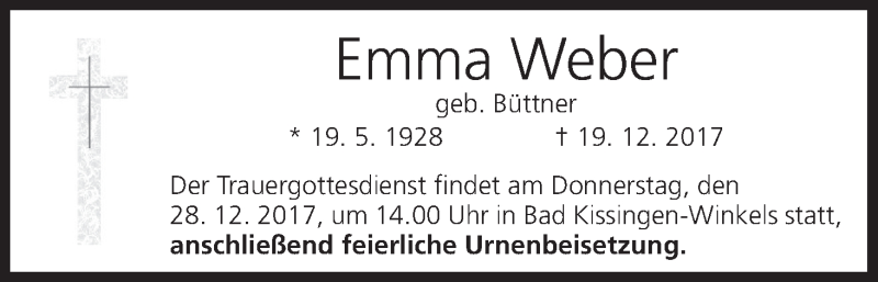  Traueranzeige für Emma Weber vom 22.12.2017 aus MGO