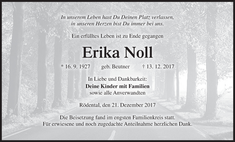  Traueranzeige für Erika Noll vom 21.12.2017 aus MGO