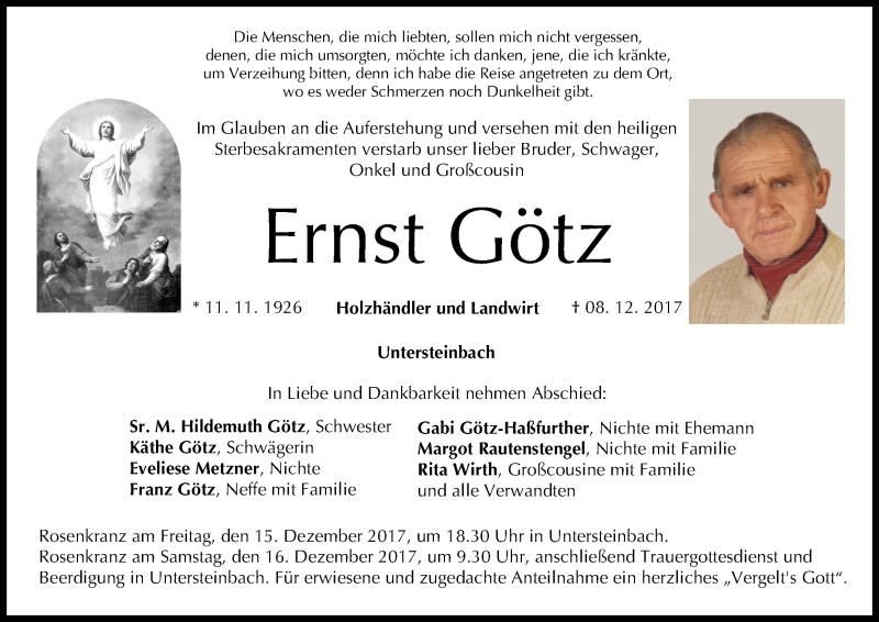  Traueranzeige für Ernst Götz vom 13.12.2017 aus MGO