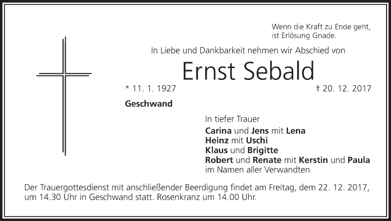  Traueranzeige für Ernst Sebald vom 21.12.2017 aus MGO