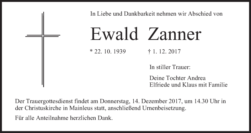  Traueranzeige für Ewald Zanner vom 12.12.2017 aus MGO