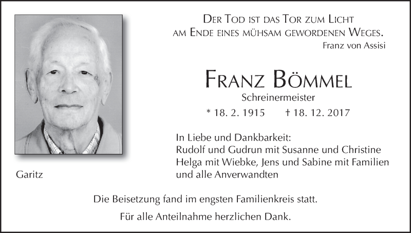  Traueranzeige für Franz Bömmel vom 23.12.2017 aus MGO