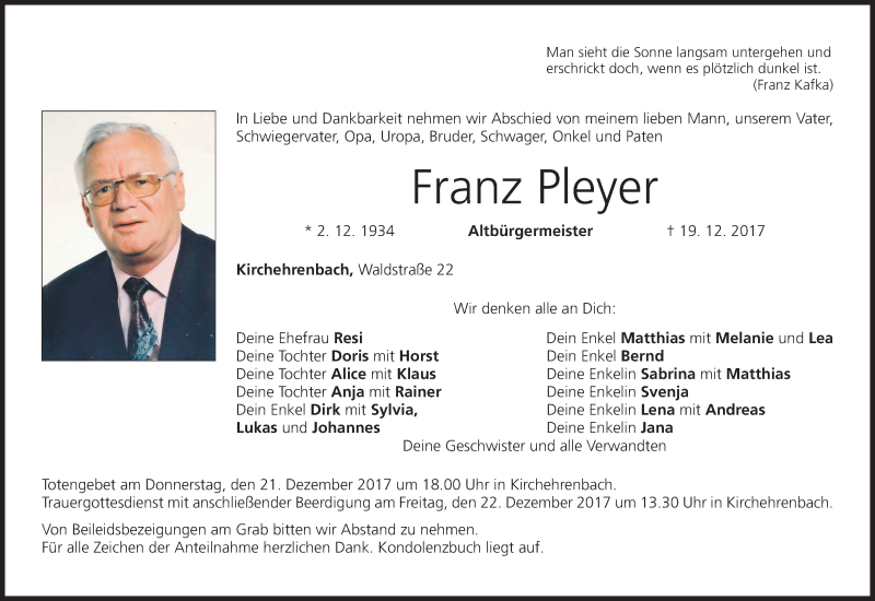  Traueranzeige für Franz Pleyer vom 20.12.2017 aus MGO