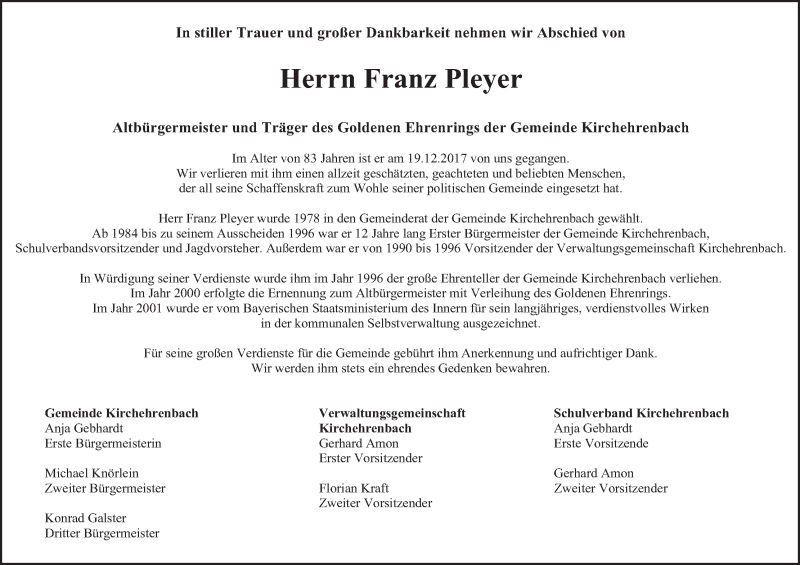  Traueranzeige für Franz Pleyer vom 21.12.2017 aus MGO