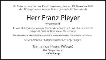 Anzeige von Franz Pleyer von MGO