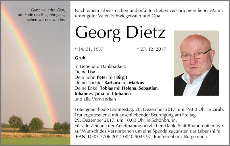  Traueranzeige für Georg Dietz vom 28.12.2017 aus MGO