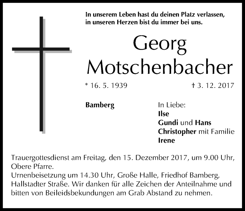  Traueranzeige für Georg Motschenbacher vom 09.12.2017 aus MGO