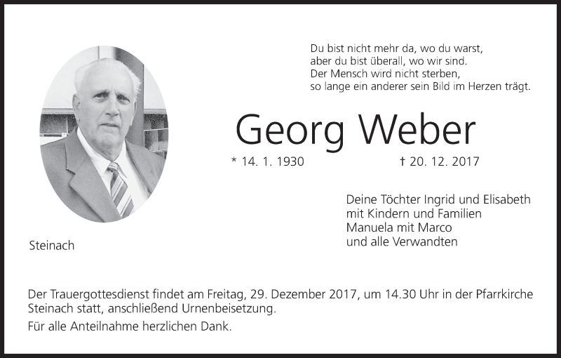  Traueranzeige für Georg Weber vom 23.12.2017 aus MGO