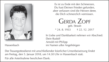 Anzeige von Gerda Zopf von MGO