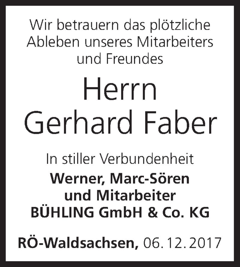  Traueranzeige für Gerhard Faber vom 11.12.2017 aus MGO