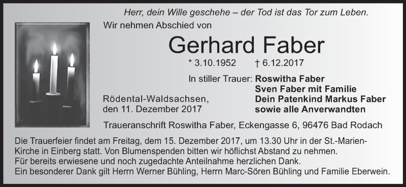  Traueranzeige für Gerhard Faber vom 11.12.2017 aus MGO