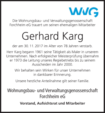 Anzeige von Gerhard Karg von MGO