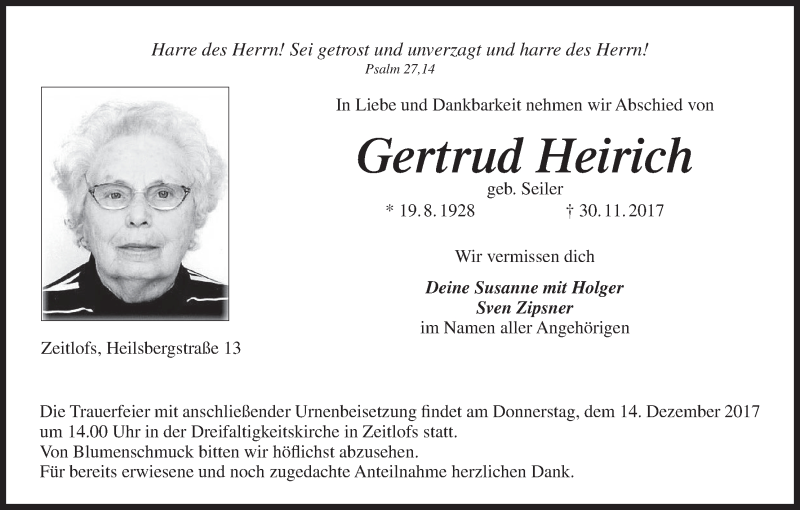  Traueranzeige für Gertrud Heirich vom 08.12.2017 aus MGO