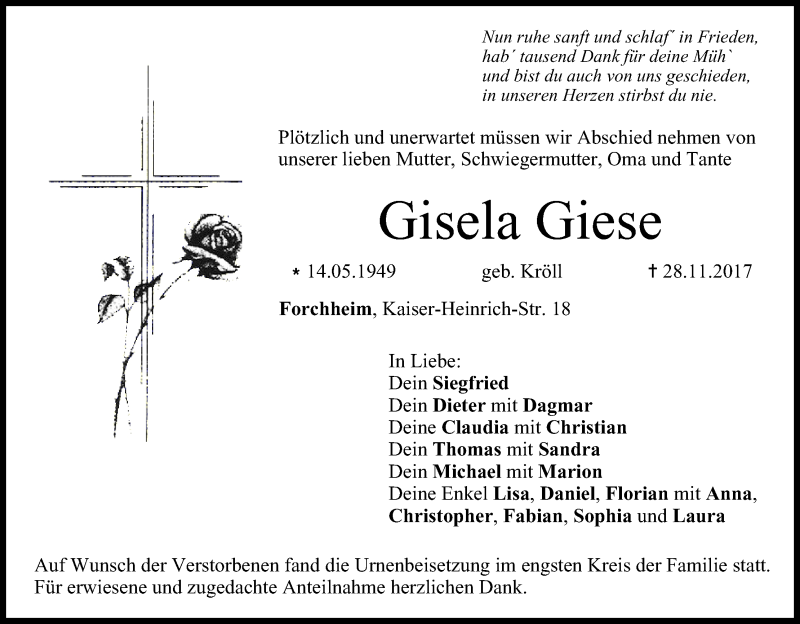  Traueranzeige für Gisela Giese vom 16.12.2017 aus MGO