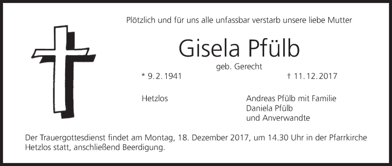  Traueranzeige für Gisela Pfülb vom 14.12.2017 aus MGO