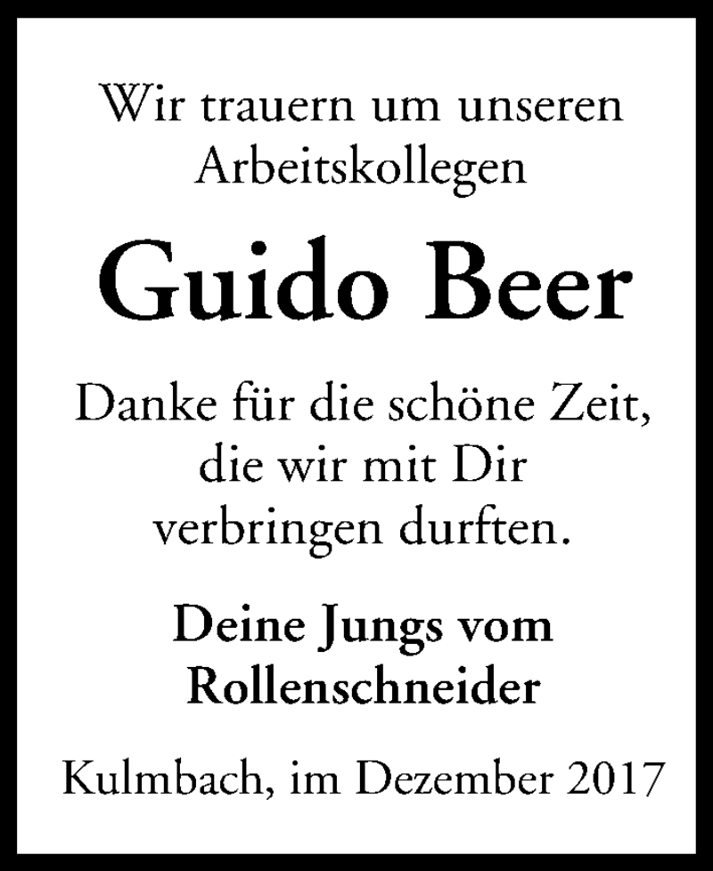  Traueranzeige für Guido Beer vom 15.12.2017 aus MGO