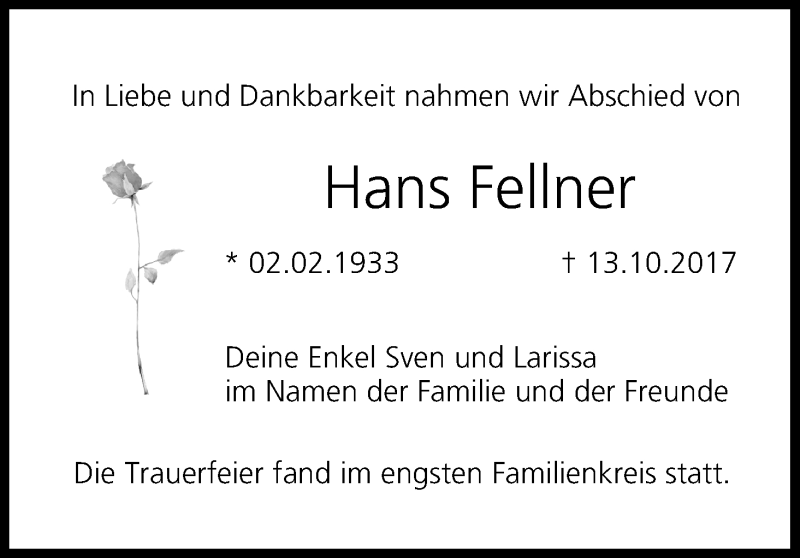  Traueranzeige für Hans Fellner vom 02.12.2017 aus MGO