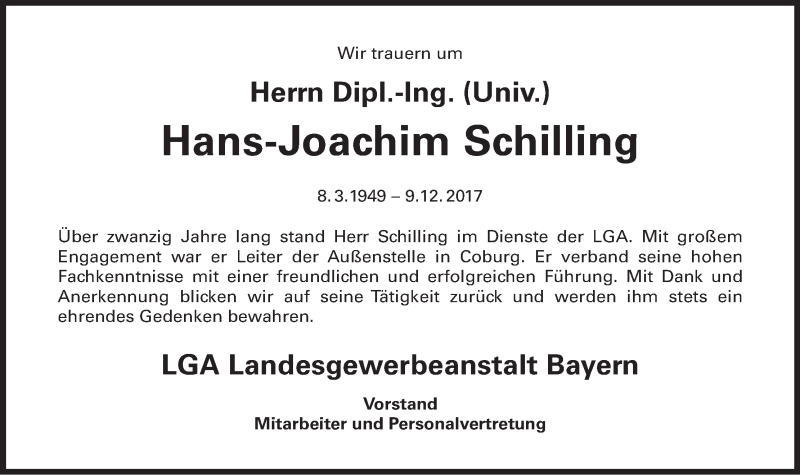  Traueranzeige für Hans-Joachim Schilling vom 16.12.2017 aus MGO