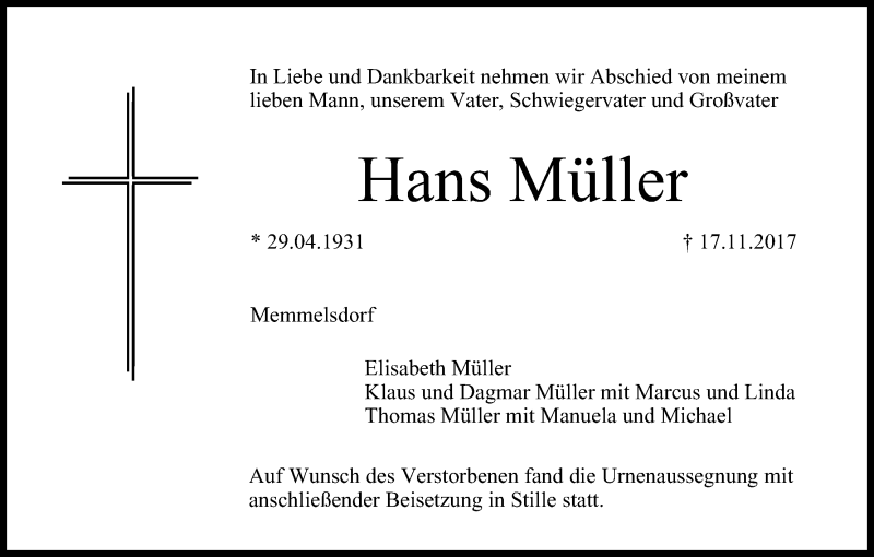  Traueranzeige für Hans Müller vom 02.12.2017 aus MGO