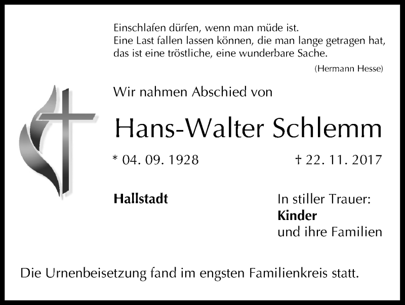  Traueranzeige für Hans-Walter Schlemm vom 09.12.2017 aus MGO