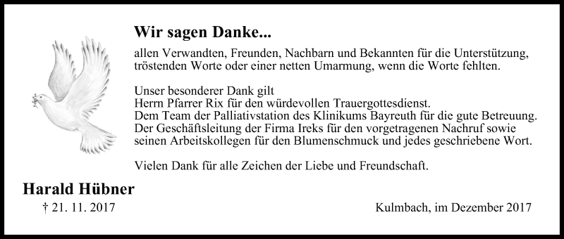  Traueranzeige für Harald Hübner vom 16.12.2017 aus MGO