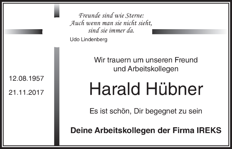  Traueranzeige für Harald Hübner vom 09.12.2017 aus MGO