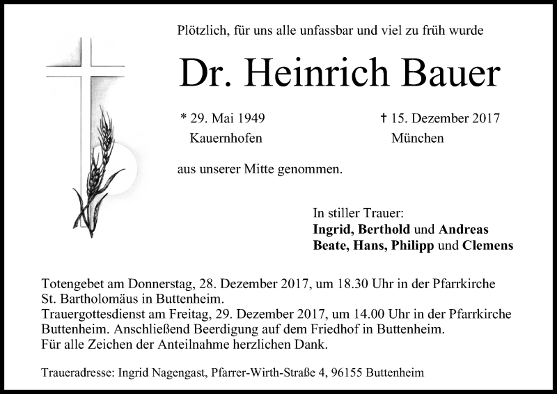  Traueranzeige für Heinrich Bauer vom 23.12.2017 aus MGO