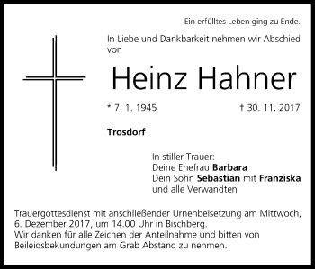Anzeige von Heinz Hahner von MGO